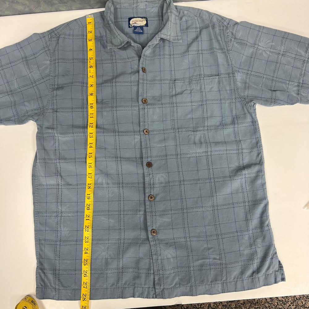 Porcini Silk Blue Plaid Short Sleeve Button Down Casual Camp Collar Shirt Sz M - Picture 7 of 8